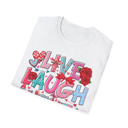 Charming Live Laugh Love T-Shirt for Women | Adorable Valentine's Day Hearts & Gnome Graphic Tee | Positive Message Gift