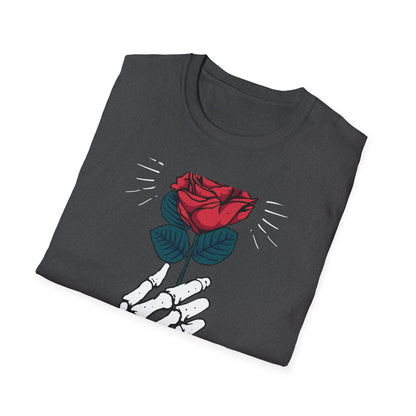 Striking Skeleton Hand Holding Rose T-Shirt | Unique Gothic Love Tee | Captivating Alt Fashion Top for Edgy Style