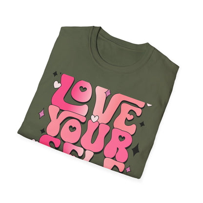 Groovy "Love Yourself" T-Shirt | Pink Retro Self-Love Tee with Hearts & Sparkles | Empowering & Chic Women's Affirmation Top