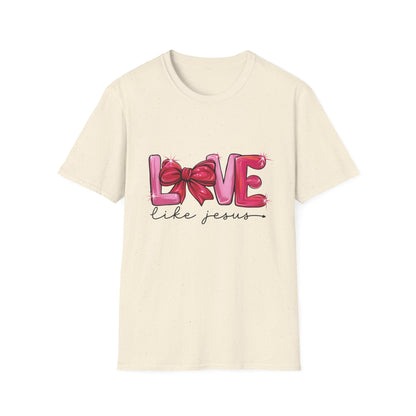 Sparkling LOVE Like Jesus T-Shirt | Vibrant Pink Bow Faith Tee | Women's Christian Inspirational Gift