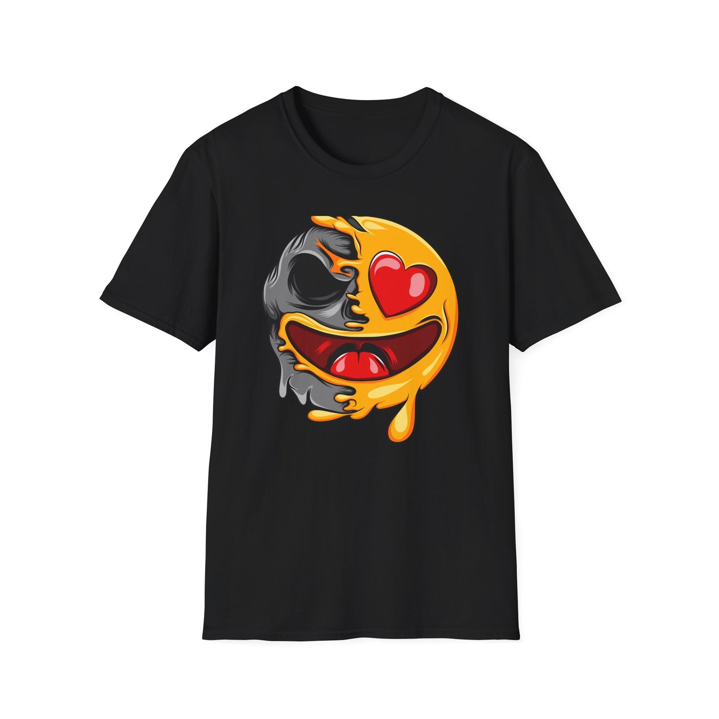 Melting Love Skull Emoji T-Shirt | Edgy Heart Eye Graphic Tee - Unique Streetwear & Dark Humor Apparel