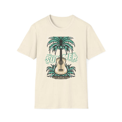 Vibrant Summer Guitar T-Shirt: Cool Palm Tree & Acoustic Beach Tee | Essential Music Lover Vacation Shirt