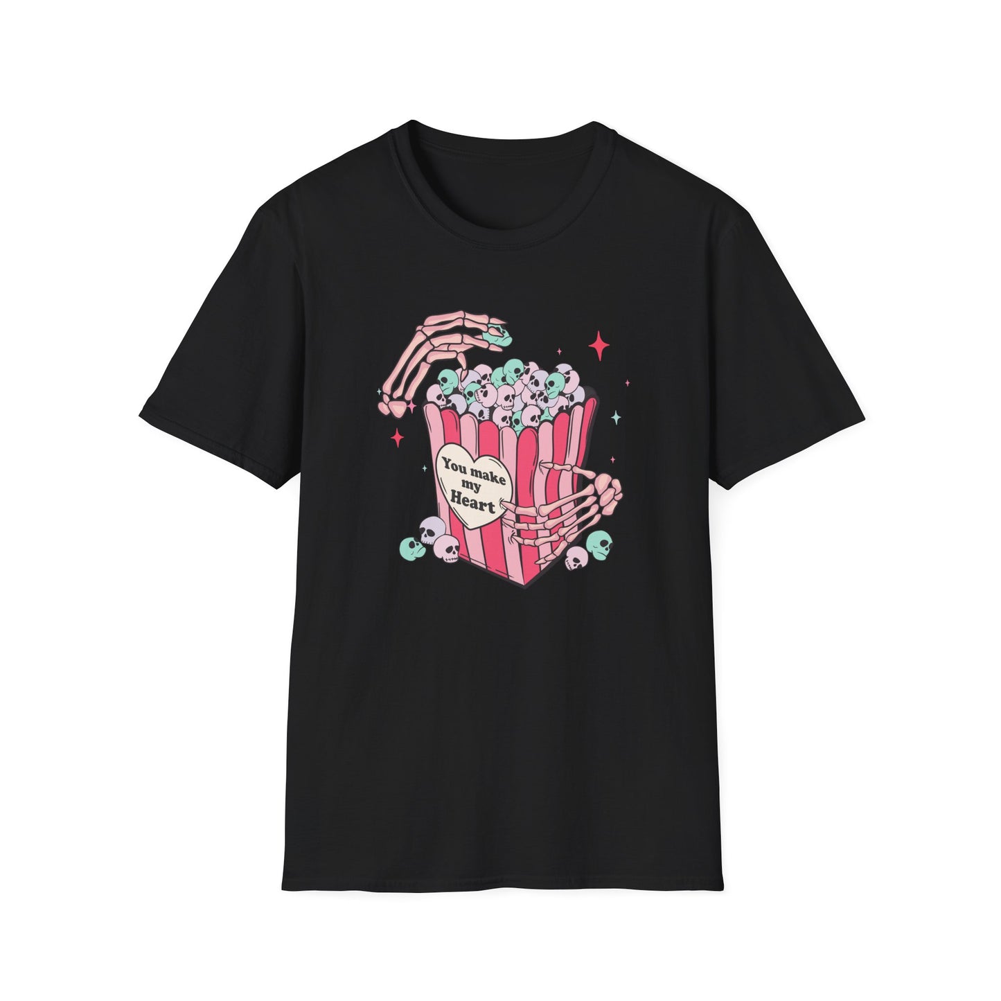 Spooky-Cute 'You Make My Heart' Skull Popcorn T-Shirt - Pastel Goth Love Tee Gift