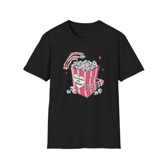 Spooky-Cute 'You Make My Heart' Skull Popcorn T-Shirt - Pastel Goth Love Tee Gift