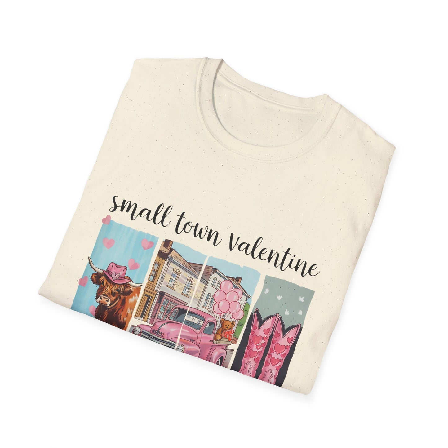 Charming Small Town Valentine T-Shirt | Cute Highland Cow, Pink Truck & Cowboy Boots | Adorable Romantic Gift for Her