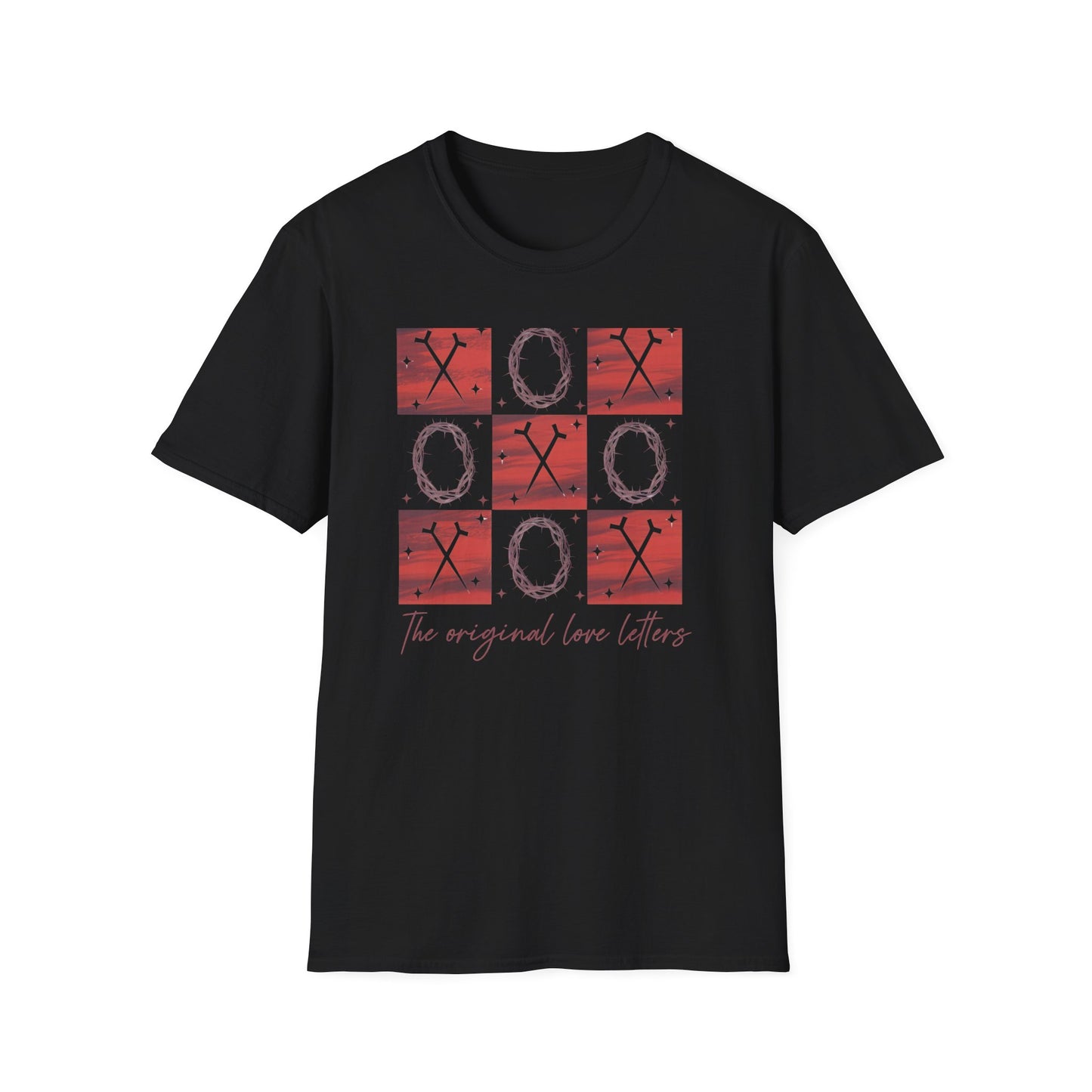 Meaningful Christian 'Original Love Letters' T-Shirt | Unique Cross & Crown of Thorns Design - Faith Tic-Tac-Toe Apparel