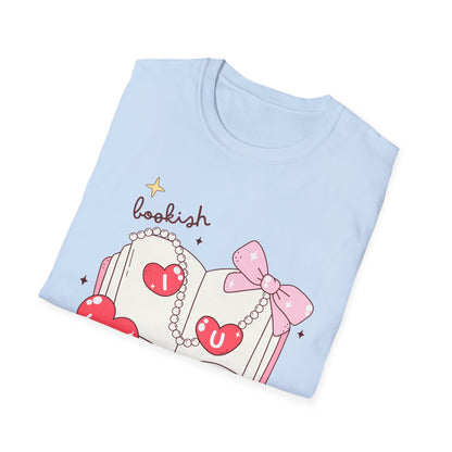 Sweet Bookish Girlie T-Shirt: 'I Love You' Hearts, Pearl Necklace & Pink Bow Design | Perfect Romantic Gift for Book Lovers
