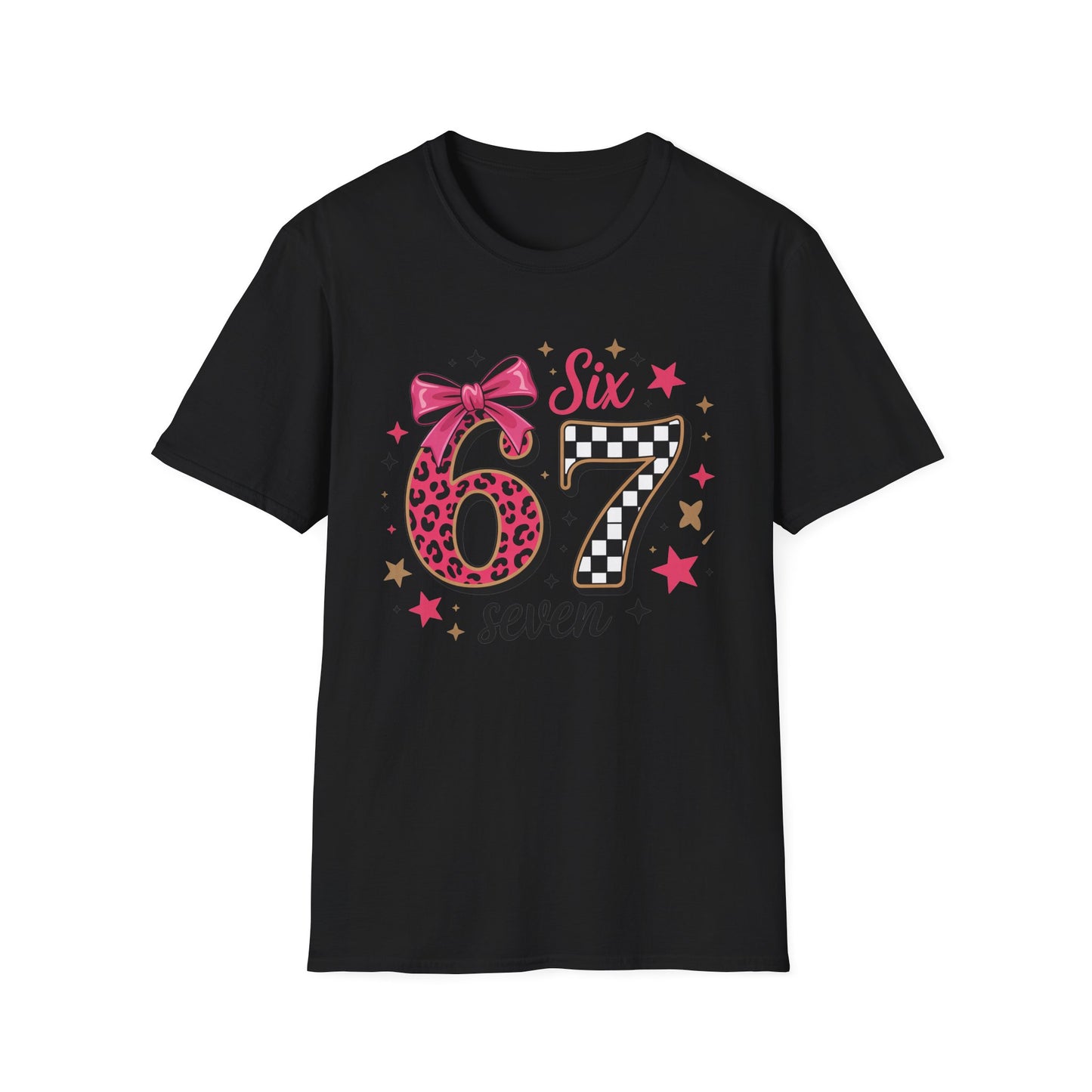 Glam Six & Seven Birthday T-Shirt for Girls | Trendy Pink Leopard Print 6 & 7 Kids Party Tee with Checkerboard & Sparkly Bow