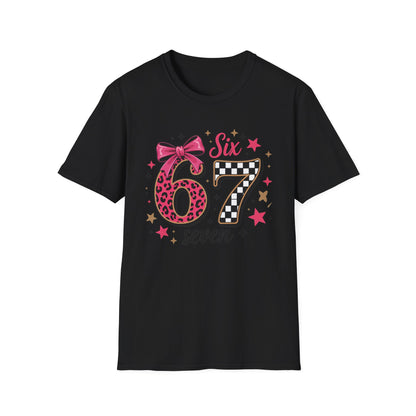 Glam Six & Seven Birthday T-Shirt for Girls | Trendy Pink Leopard Print 6 & 7 Kids Party Tee with Checkerboard & Sparkly Bow