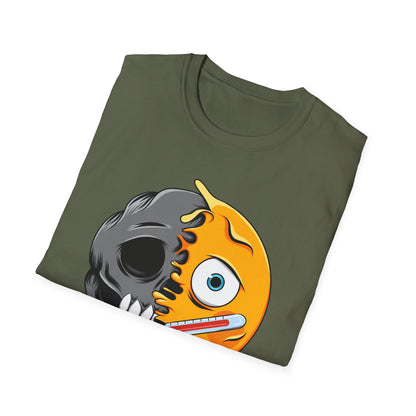 Epic Melting Skull Sick Emoji T-Shirt | Unique Duality Design for Edgy Statement Style & Dark Humor