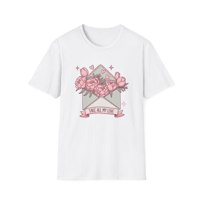Charming 'Take All My Love' Floral T-Shirt - Romantic Peony & Tulip Envelope Tee | Sweet Valentine's Day Gift for Her