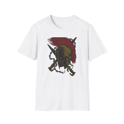Epic Spartan Skull Helmet T-Shirt - Fearless Warrior Design with Swords & Chains for Men