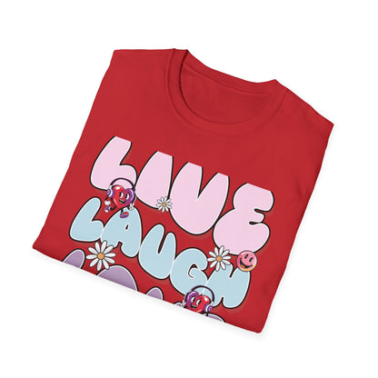 Vibrant Retro Live Laugh Love T-Shirt | Groovy Hearts & Smiley Faces Tee for Positive Vibes