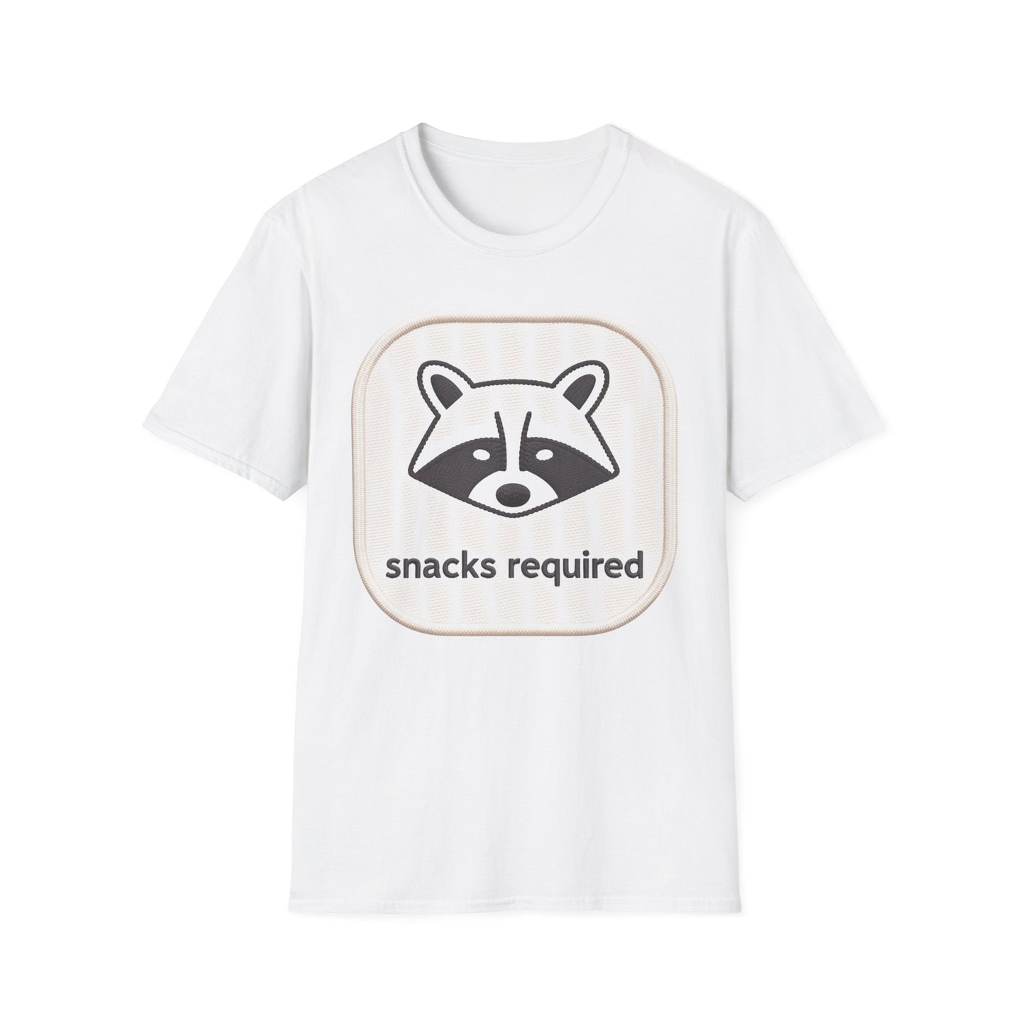 Hilarious "Snacks Required" Raccoon T-Shirt | Cute Embroidered Look Animal Lover Tee for Foodies & Casual Wear