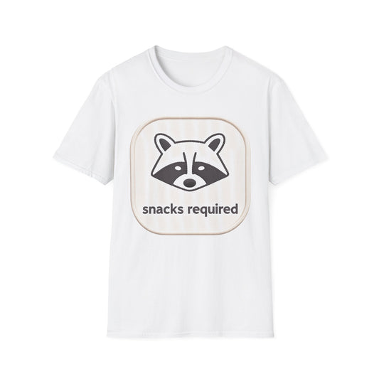 Hilarious "Snacks Required" Raccoon T-Shirt | Cute Embroidered Look Animal Lover Tee for Foodies & Casual Wear
