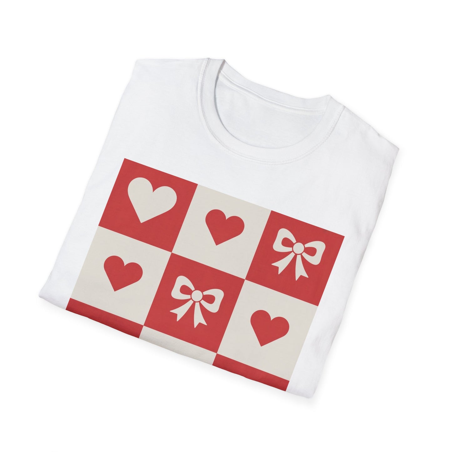 Charming Hearts & Bows Checkerboard T-Shirt | Sweet Love Pattern Tee | Perfect Valentine's Day Gift for Her