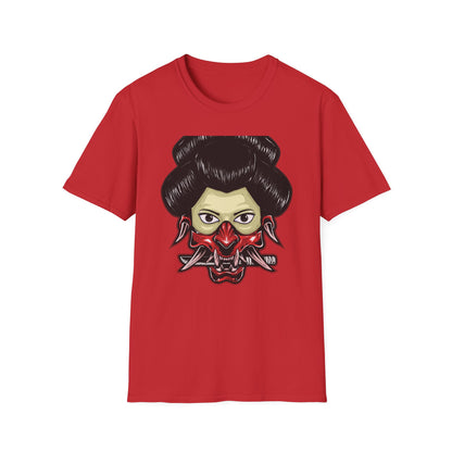 Fierce Hannya Mask T-Shirt | Striking Japanese Oni Demon Warrior Tee with Blade | Bold Traditional Art Statement Shirt