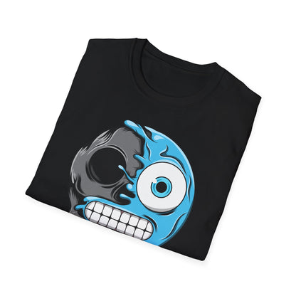 Epic Melting Skull & Blue Cartoon Split Face T-Shirt | Unique Edgy Graphic Tee for Streetwear & Art Lovers