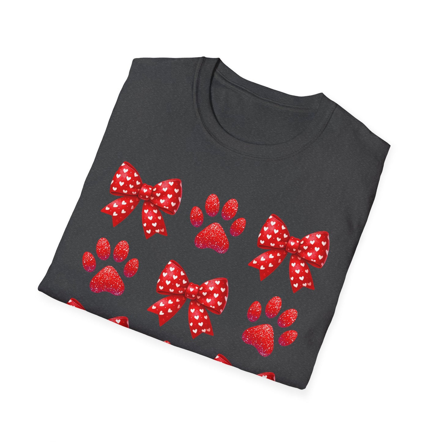 Charming Pet Love T-Shirt: Red Heart Bows & Glitter Paw Prints | Valentine's Day Animal Lover Tee