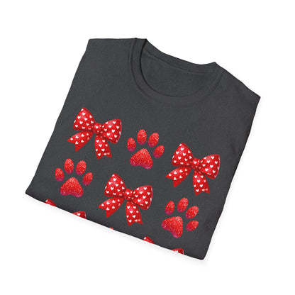 Charming Pet Love T-Shirt: Red Heart Bows & Glitter Paw Prints | Valentine's Day Animal Lover Tee