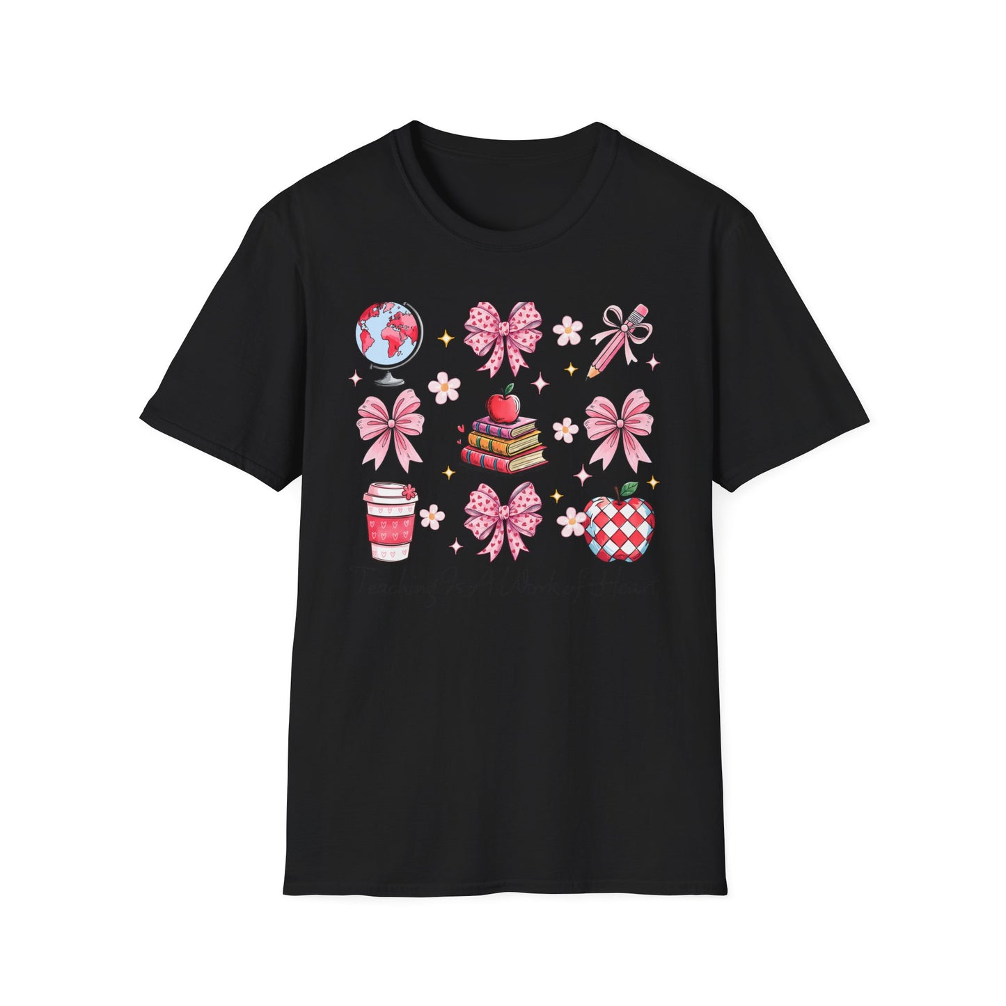 Awesome Teacher Appreciation T-Shirt | 'Teaching Is A Work of Heart' Tee | Cute School Supplies & Pink Bows Gift