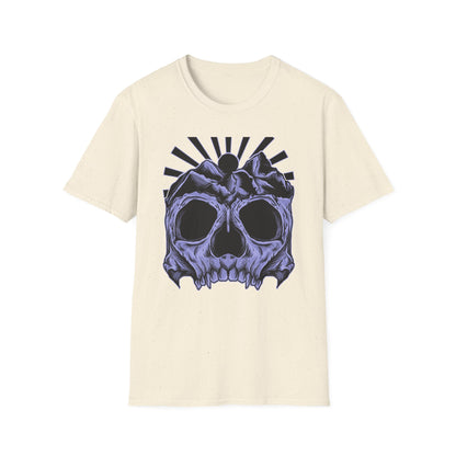 Bold Mountain Skull T-Shirt | Mystic Sun Rays & Nature Art | Unique Grunge Alternative Tee | Edgy Outdoor Apparel for Men & Women