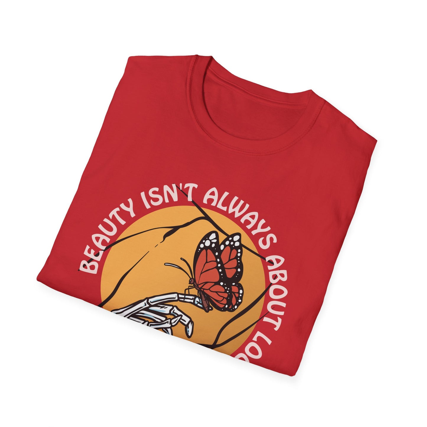 Expressive Skeleton Hand & Monarch Butterfly T-Shirt | 'Beauty Isn't About Looks' Deep Meaning Art Tee