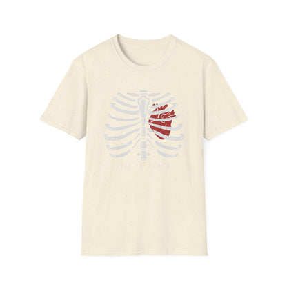 Striking "Live In Death" Skeleton Rib Cage & Red Heart T-Shirt | Unique Anatomical Goth Tee | Deep Meaning Statement Apparel