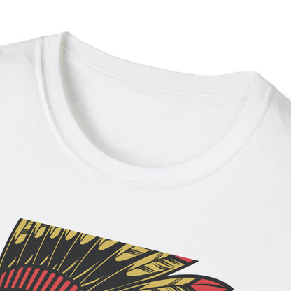 Bold Indigenous Warrior Chief T-Shirt | Majestic Feather Headdress & Tomahawks Tee | Powerful Cultural Design Gift