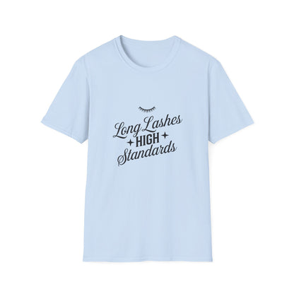 Chic Long Lashes & High Standards T-Shirt | Empowering Beauty Attitude Tee for Confident Women
