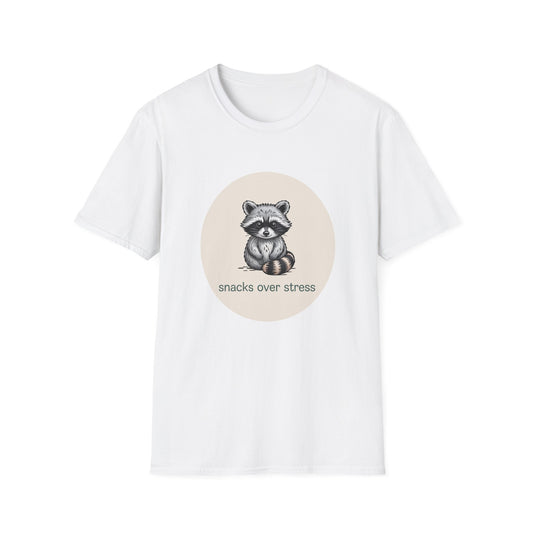 Adorable Raccoon "Snacks Over Stress" T-Shirt - Hilarious Comfort Food Animal Lover Graphic Tee | Ultimate Cozy Gift