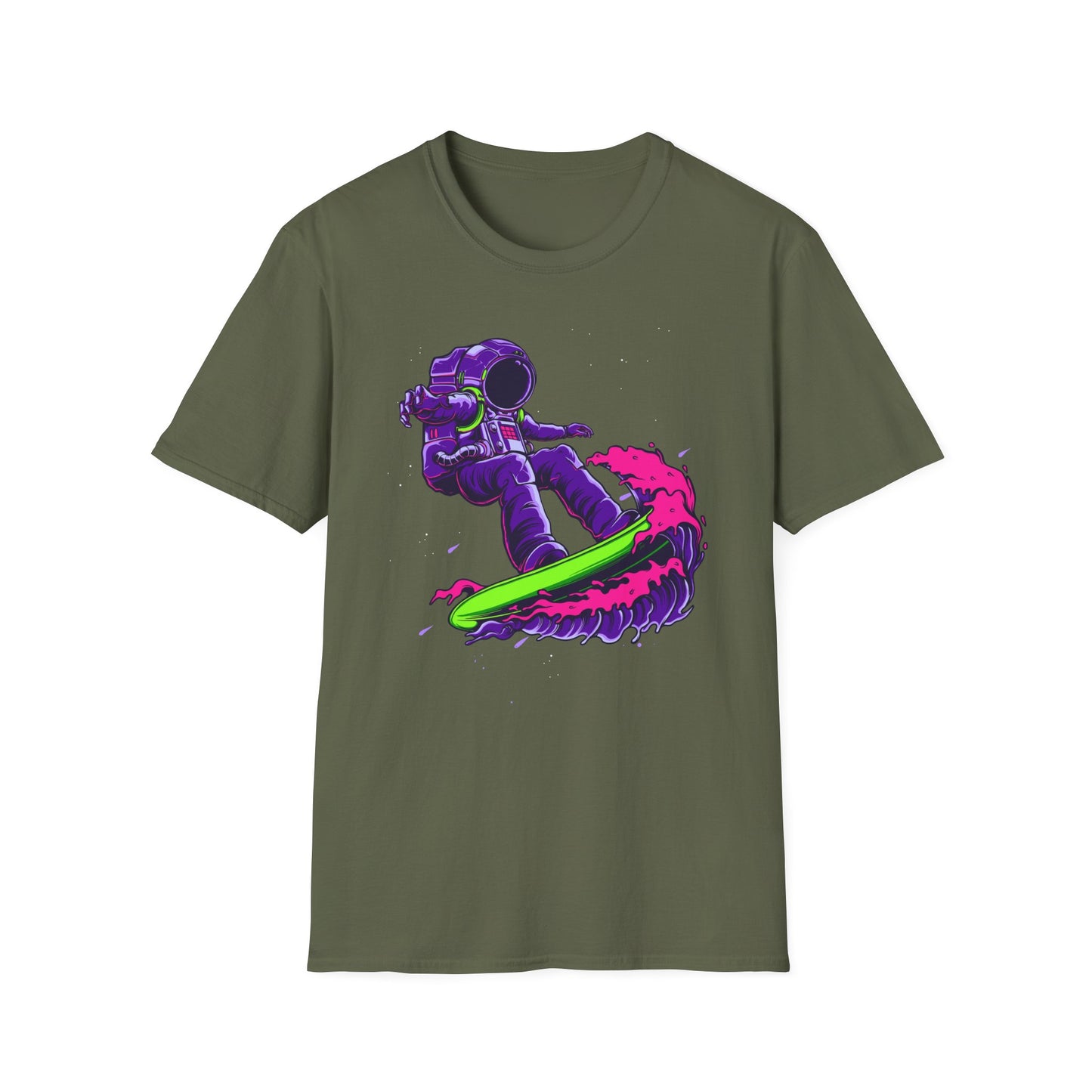 Vibrant Astronaut Surfing T-Shirt - Epic Space Wave Design for Sci-Fi & Surf Lovers | Unique Cosmic Apparel