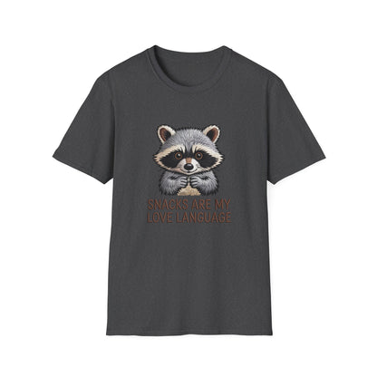 Adorable Raccoon "Snacks Are My Love Language" T-Shirt | Funny Foodie Animal Lover Tee | Ultimate Gift for Snack Enthusiasts