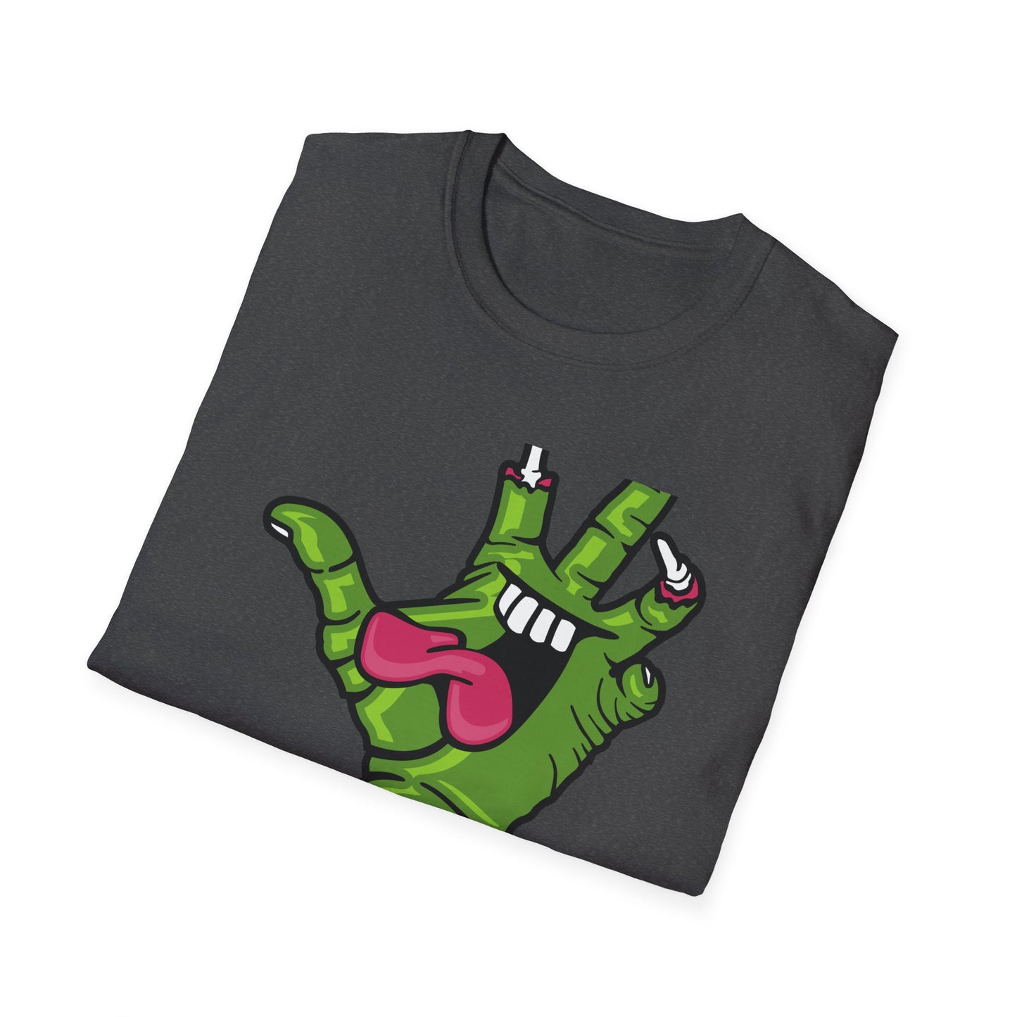 Groovy Zombie Hand T-Shirt with Smiling Monster Face | Spooky Halloween Rock On Tee | Creepy Fun Apparel