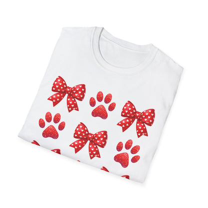 Charming Pet Love T-Shirt: Red Heart Bows & Glitter Paw Prints | Valentine's Day Animal Lover Tee