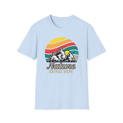 Inspiring Vintage Nature Mountains T-Shirt | Retro Outdoors Adventure Tee with 'Nature Brings Hope' Design | Essential Hiking & Camping Shirt