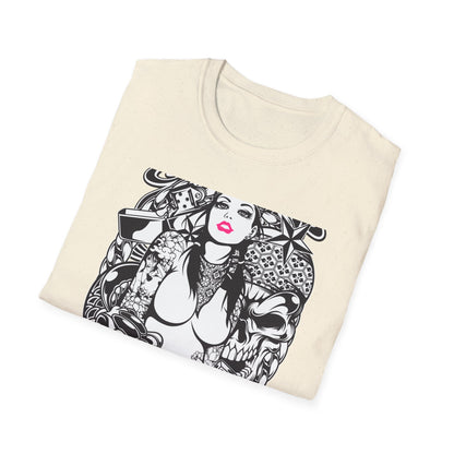 Bold Tattoo Girl & Skull Graphic T-Shirt | Edgy Urban Streetwear | Dice & Star Statement Tee - Unleash Your Rebel Style!