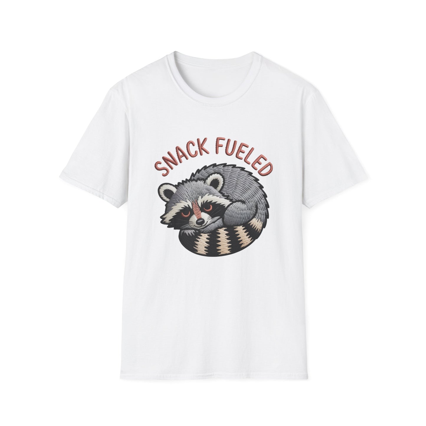 Adorable "Snack Fueled" Raccoon T-Shirt | Funny Embroidered Wildlife Tee for Animal Lovers | Cute & Cozy Gift
