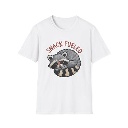 Adorable "Snack Fueled" Raccoon T-Shirt | Funny Embroidered Wildlife Tee for Animal Lovers | Cute & Cozy Gift