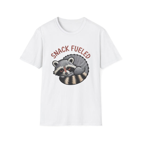 Adorable "Snack Fueled" Raccoon T-Shirt | Funny Embroidered Wildlife Tee for Animal Lovers | Cute & Cozy Gift