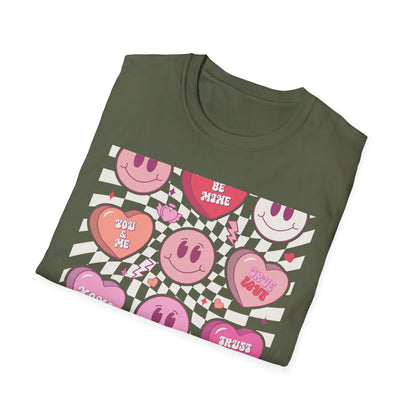 Groovy Retro Valentine's T-Shirt | Adorable Conversation Heart & Smiley Face Design | Trendy Love Core Aesthetic Tee