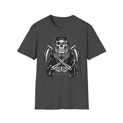 Epic Grim Reaper T-Shirt: Skull & Scythes Design. Bold Gothic Halloween Tee for Men & Women. Unleash Your Inner Darkness!