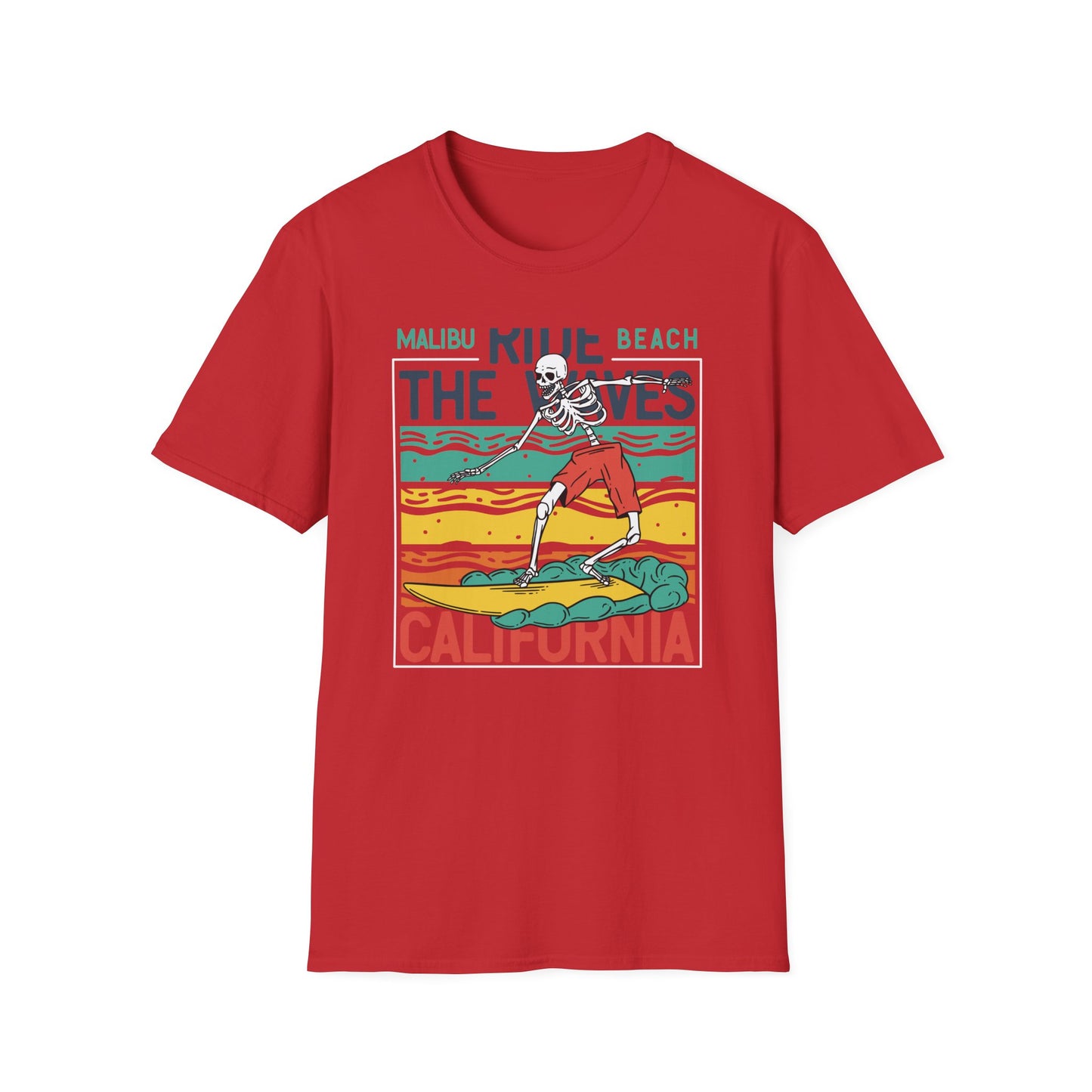 Epic Malibu Skeleton Surfer T-Shirt - Ride The Waves California Beach Retro Tee | Unique Vintage Style Surf Graphic