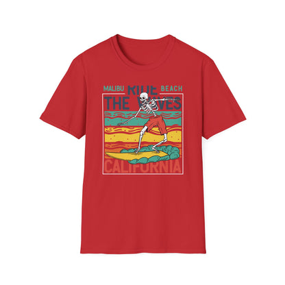 Epic Malibu Skeleton Surfer T-Shirt - Ride The Waves California Beach Retro Tee | Unique Vintage Style Surf Graphic