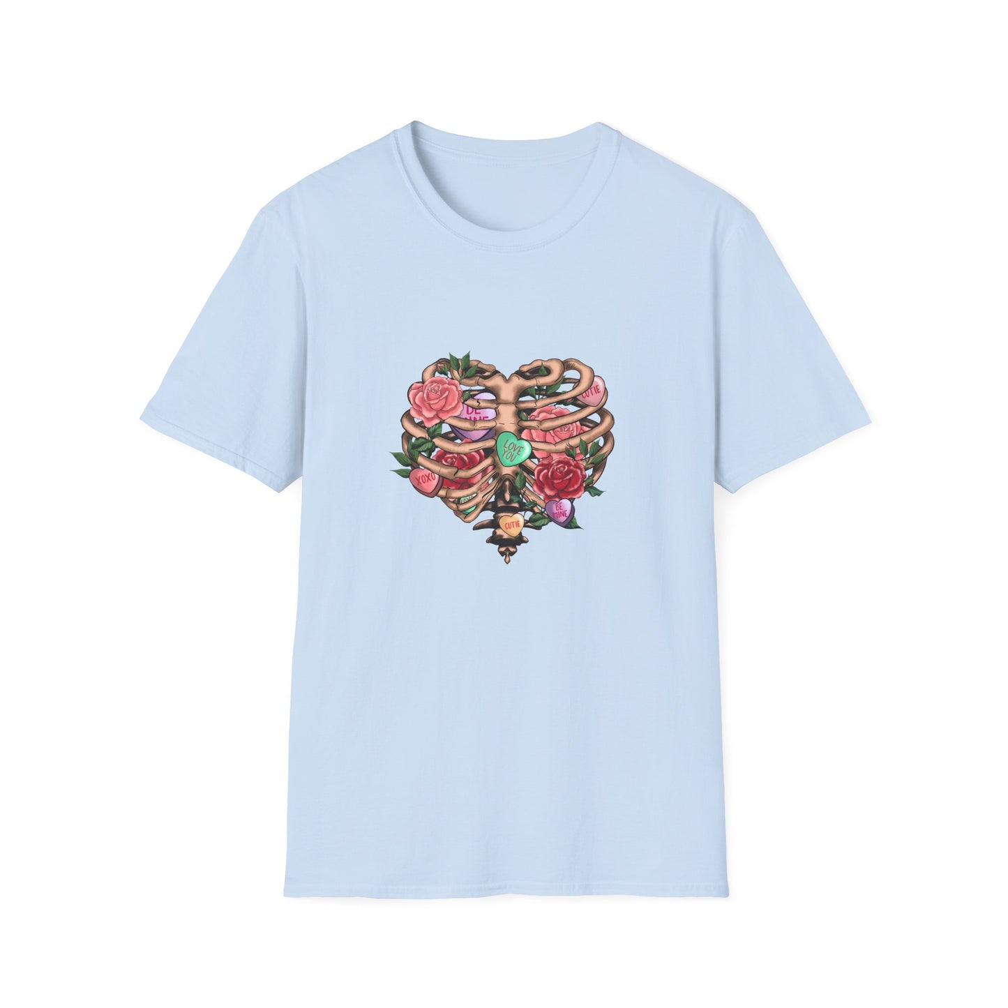 Captivating Anatomical Love Rib Cage T-Shirt - Edgy Floral Valentine's Day Conversation Hearts Tee for Unique Romance