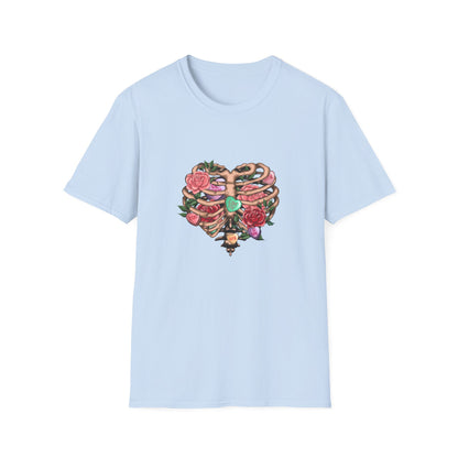 Captivating Anatomical Love Rib Cage T-Shirt - Edgy Floral Valentine's Day Conversation Hearts Tee for Unique Romance