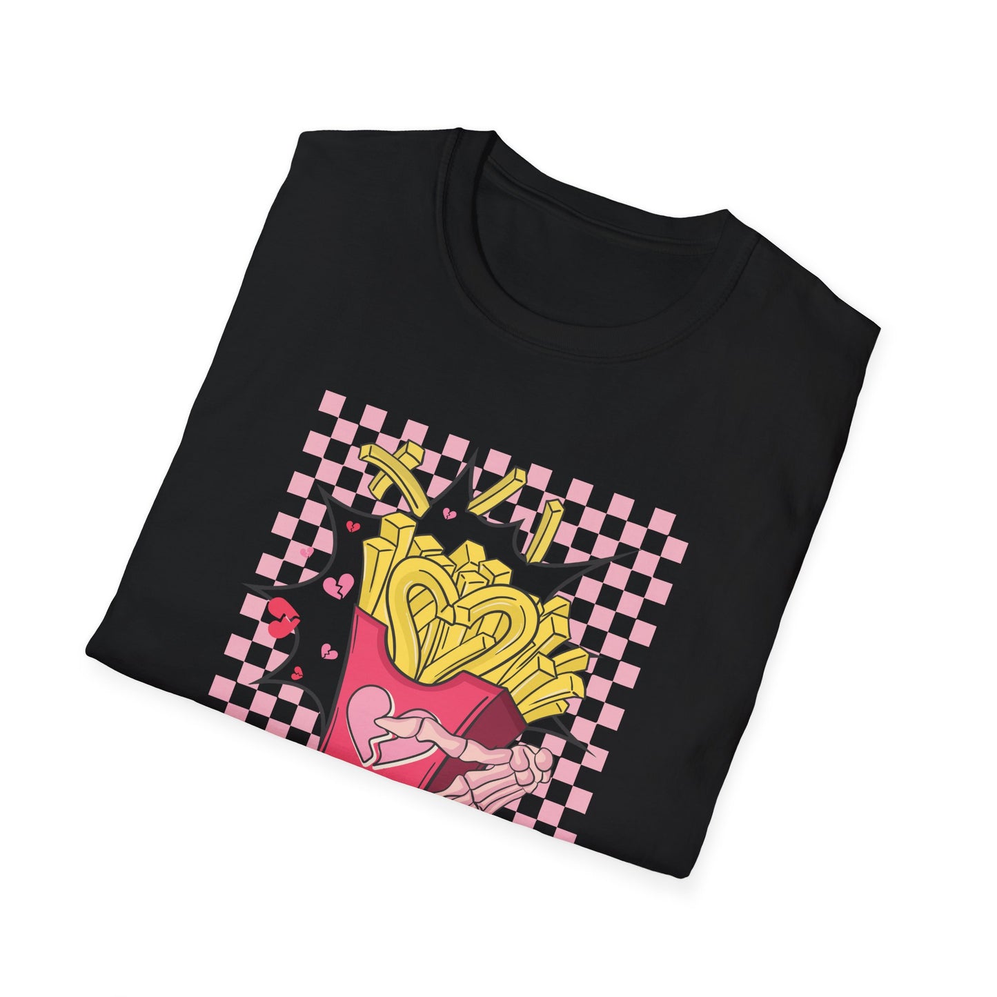 I Only Have Fries For You T-Shirt | Edgy Skeleton Hand & Broken Heart Fries Tee | Funny Foodie Alt Aesthetic Pink & Black Top
