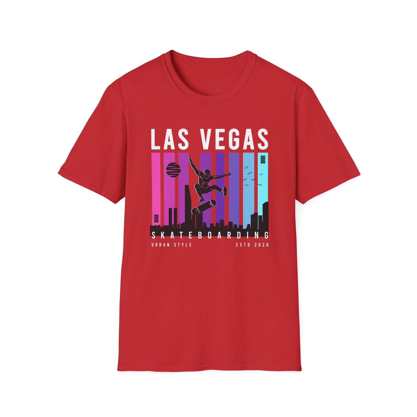 Dynamic Neon Skater T-Shirt | Urban City Skyline Streetwear Tee | Vibrant Skateboarding Style Apparel for All