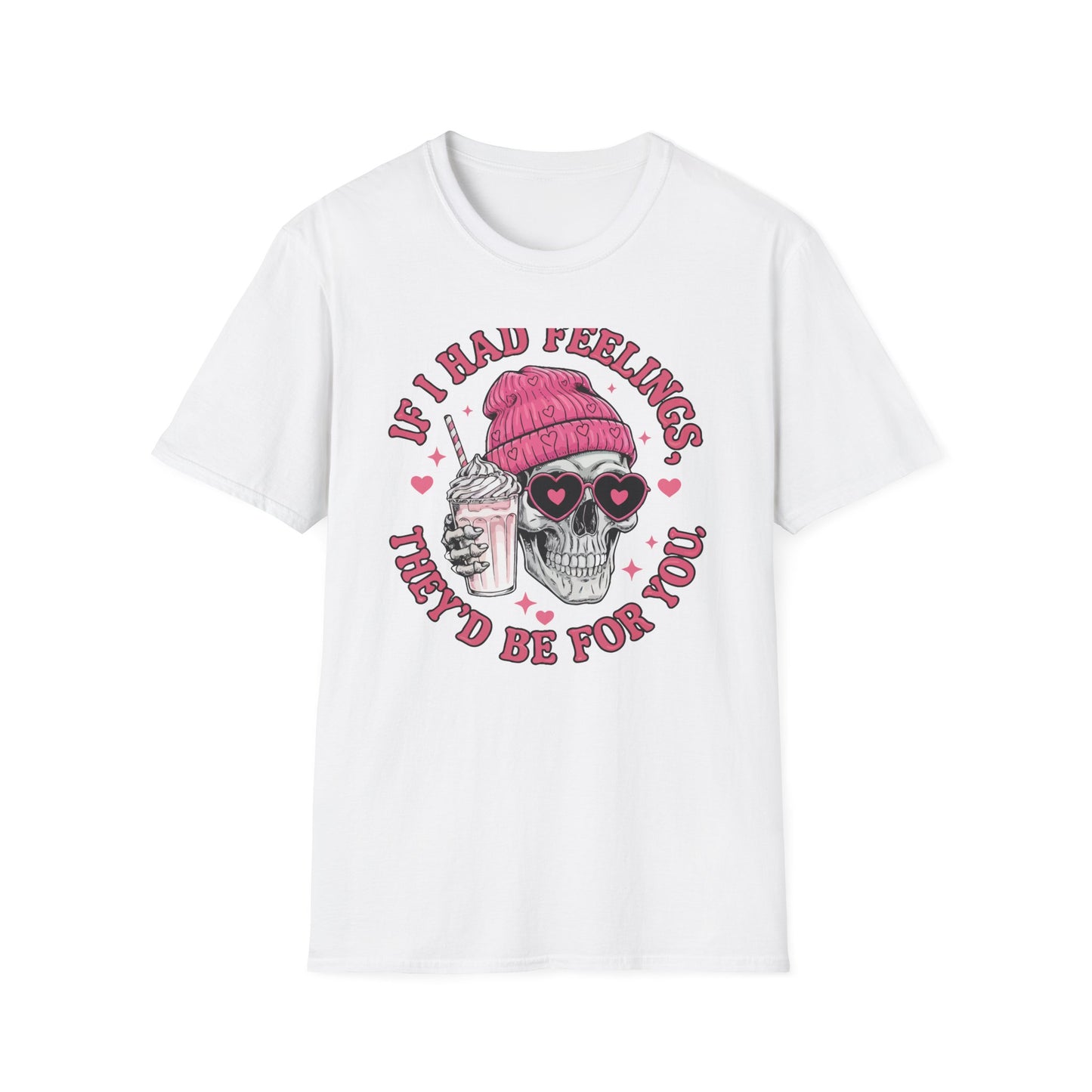 Sassy Skull Feelings T-Shirt - Trendy Pink Beanie & Heart Glasses Milkshake Tee | Funny Anti-Valentine's Edgy Humor Gift