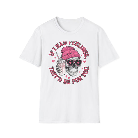 Sassy Skull Feelings T-Shirt - Trendy Pink Beanie & Heart Glasses Milkshake Tee | Funny Anti-Valentine's Edgy Humor Gift